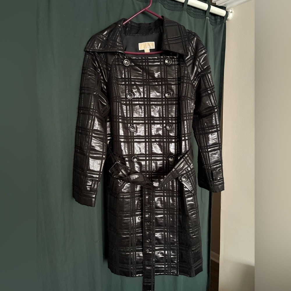 MICHAEL Michael Kors Shiny Black Checkered Trench Coat